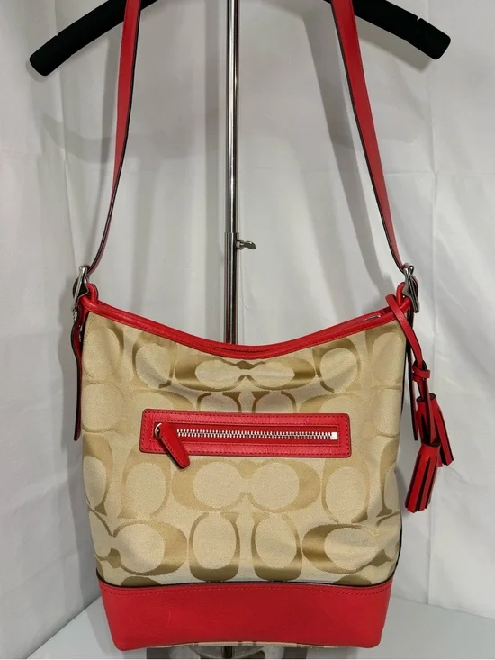 Coach Signature Canvas Red Leather Trim Large Shoulder Bag Hobo Tassel - Picture 5 of 16